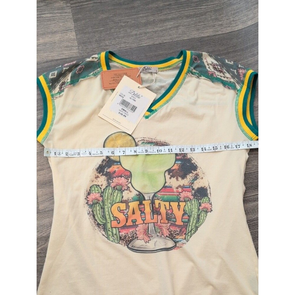 Delila Cream V‑Neck Salty Tee with Green and Yellow Trim - Picture 7 of 8